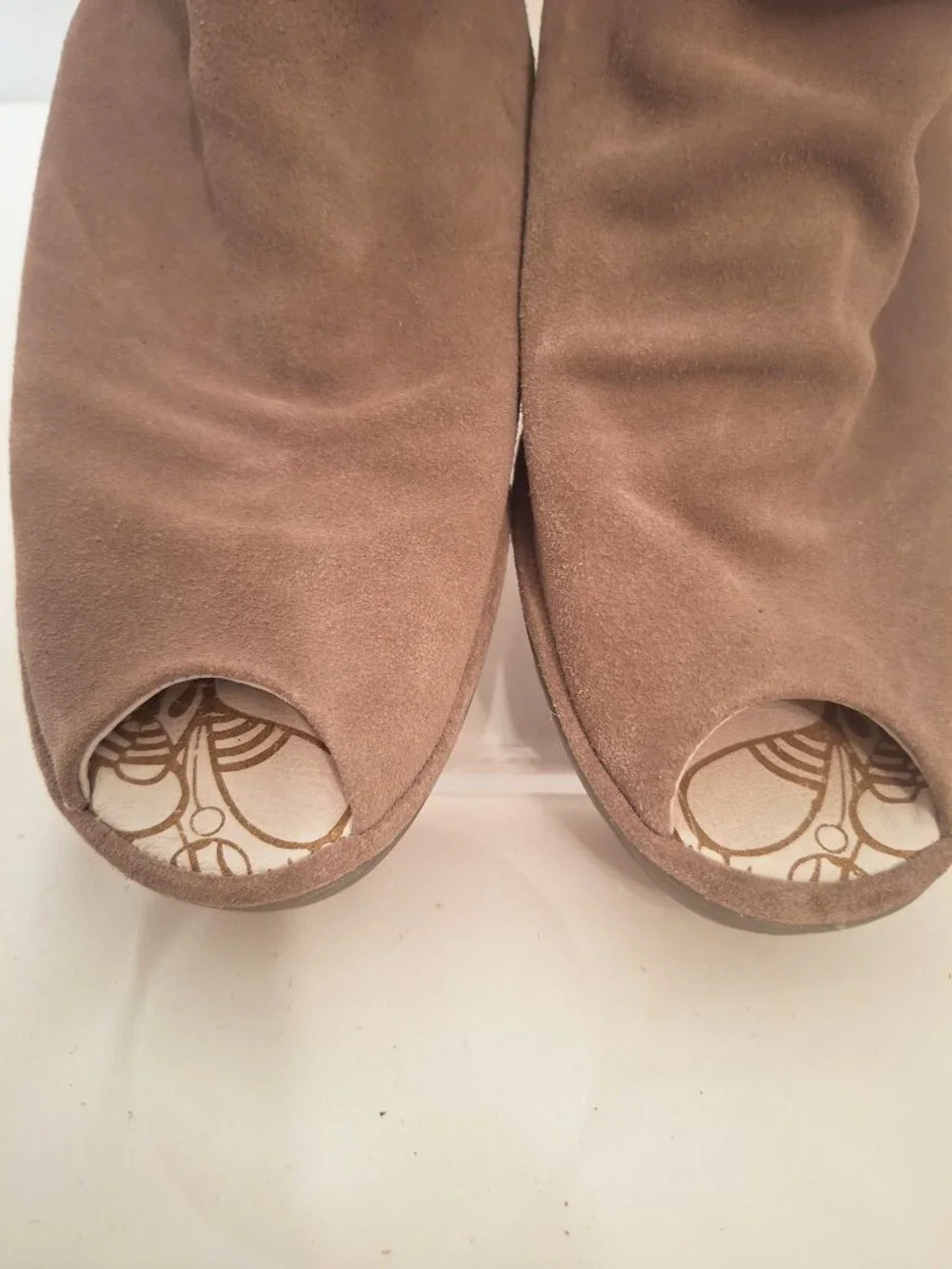 Fly London Yema/Yama Wedge Ankle Boot 38/ 7-7.5 Peep Toe Suede Shoe Taupe
